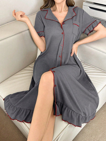 Contrast Color Lapel Single-Breasted Loose Casual Ruffle Trim Short Sleeve Lounge Dress