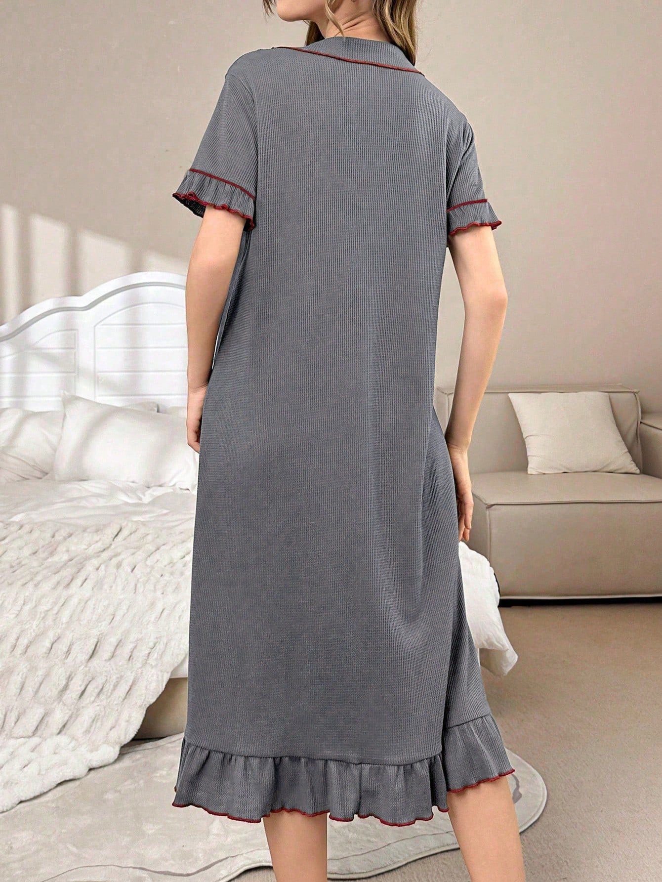 Contrast Color Lapel Single-Breasted Loose Casual Ruffle Trim Short Sleeve Lounge Dress shein