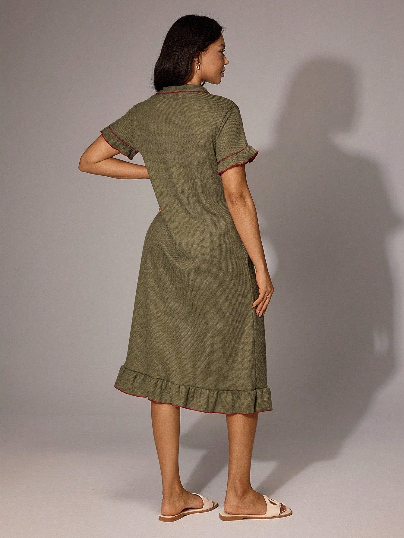 Contrast Color Lapel Single-Breasted Loose Casual Ruffle Trim Short Sleeve Lounge Dress