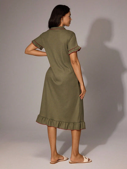 Contrast Color Lapel Single-Breasted Loose Casual Ruffle Trim Short Sleeve Lounge Dress