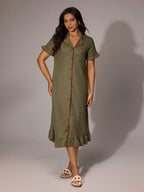 Contrast Color Lapel Single-Breasted Loose Casual Ruffle Trim Short Sleeve Lounge Dress shein