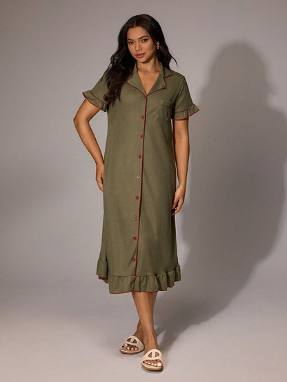 Contrast Color Lapel Single-Breasted Loose Casual Ruffle Trim Short Sleeve Lounge Dress