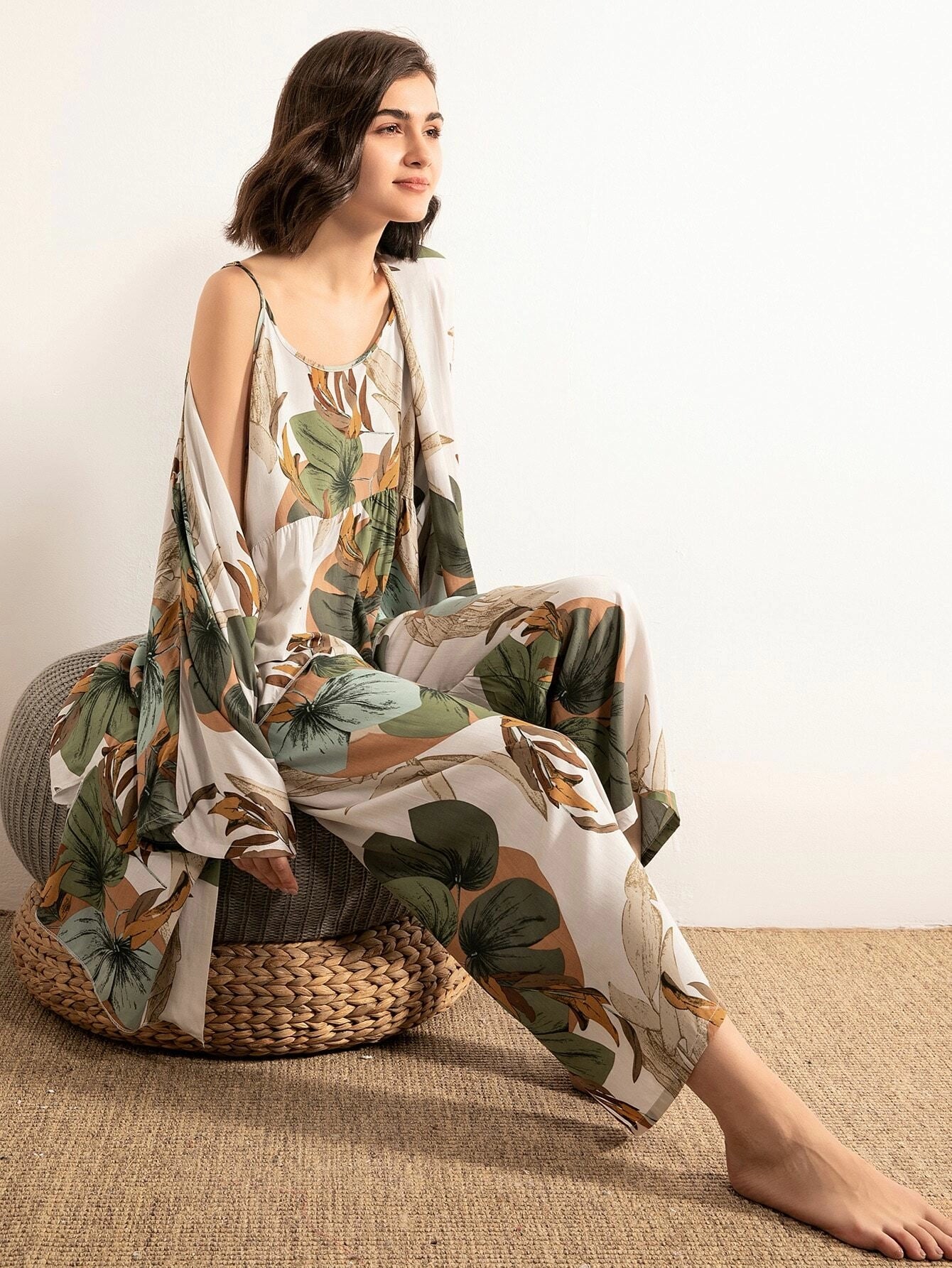 Leaf Print Cami PJ Set With Robe shein