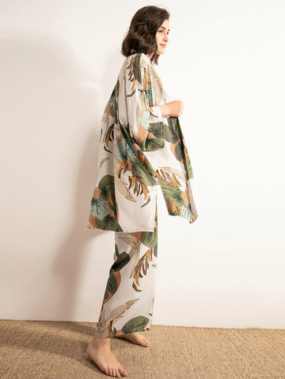 Leaf Print Cami PJ Set With Robe shein