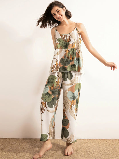 Leaf Print Cami PJ Set With Robe shein