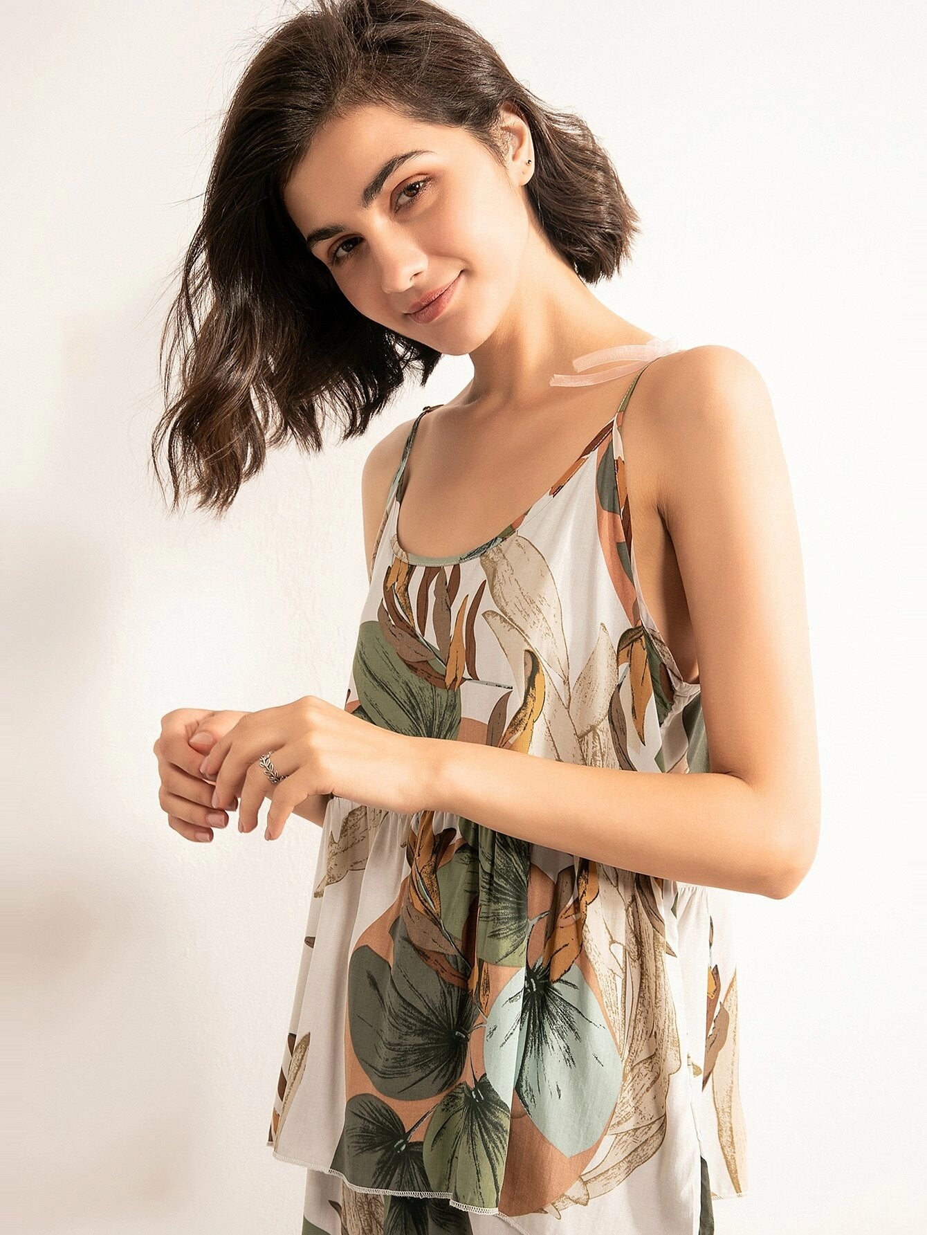Leaf Print Cami PJ Set With Robe shein