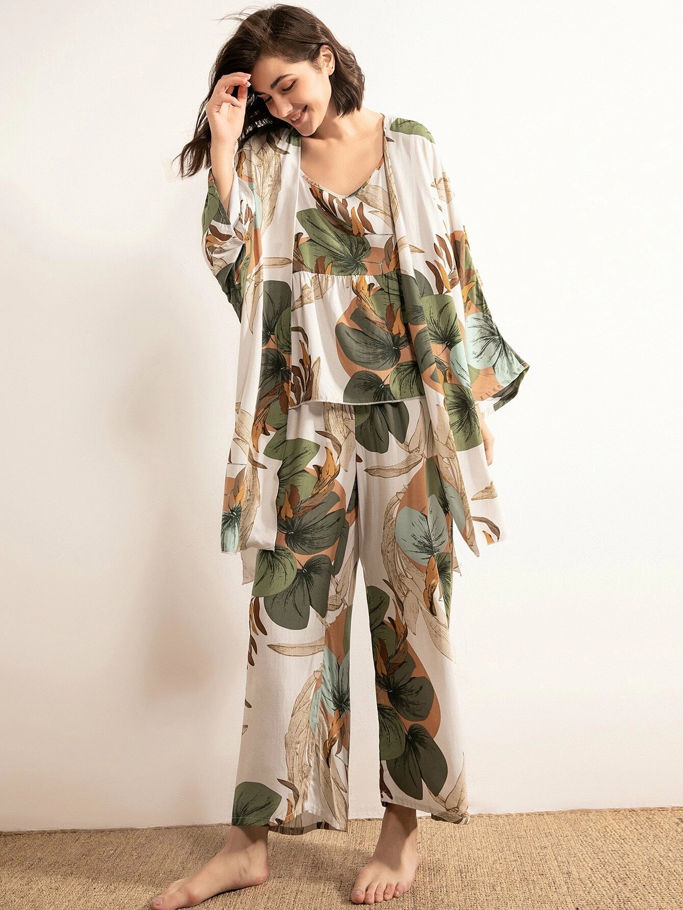 Leaf Print Cami PJ Set With Robe shein