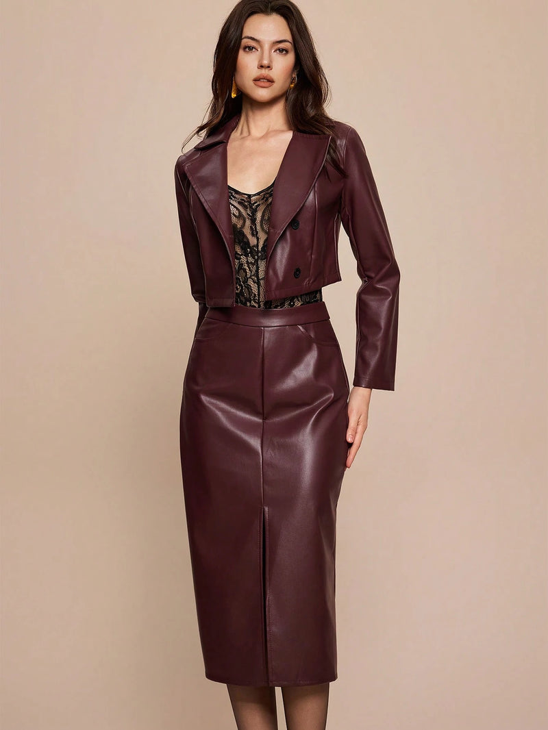 Women's Solid Color Notched Collar PU Leather Jacket And Pocket Skirt Suit shein