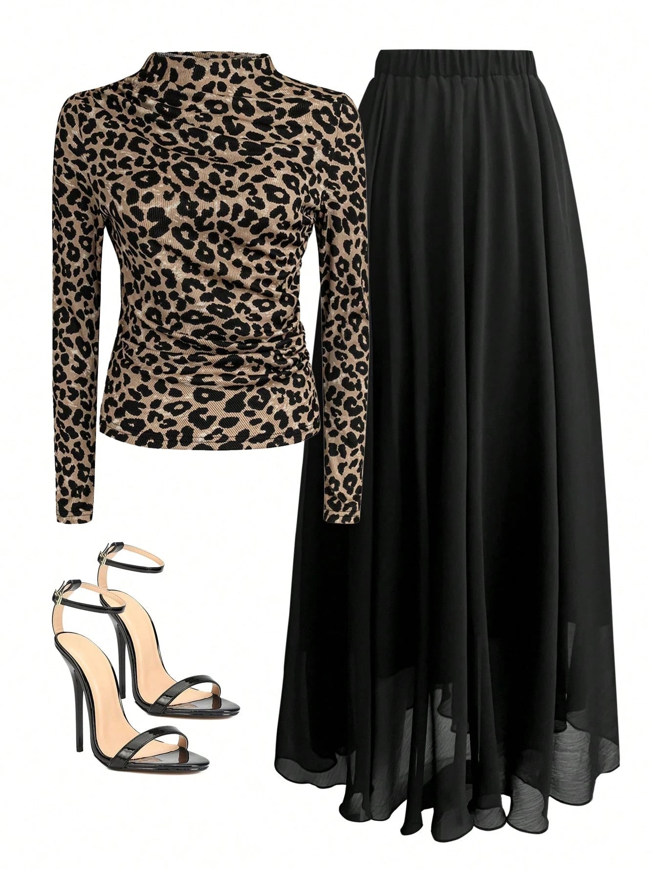 Women Solid Crew Neck Pleated Fitted Long Sleeve T-Shirt + Leopard Print Skirt