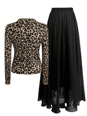 Women Solid Crew Neck Pleated Fitted Long Sleeve T-Shirt + Leopard Print Skirt