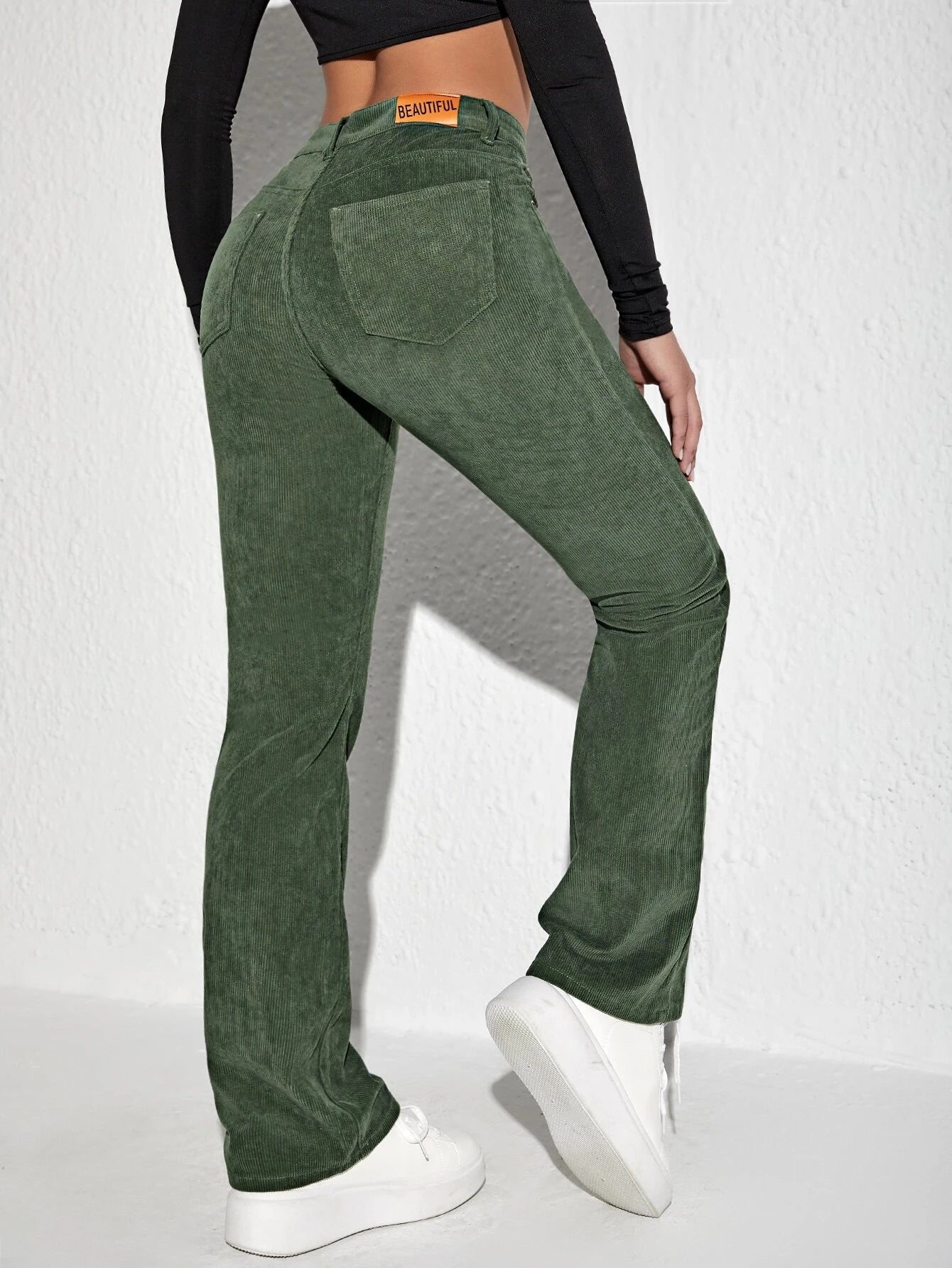 Letter Patched Flare Leg Corduroy Pants shein