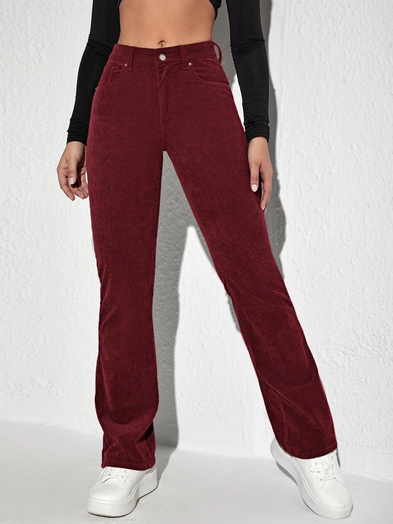 Letter Patched Flare Leg Corduroy Pants shein