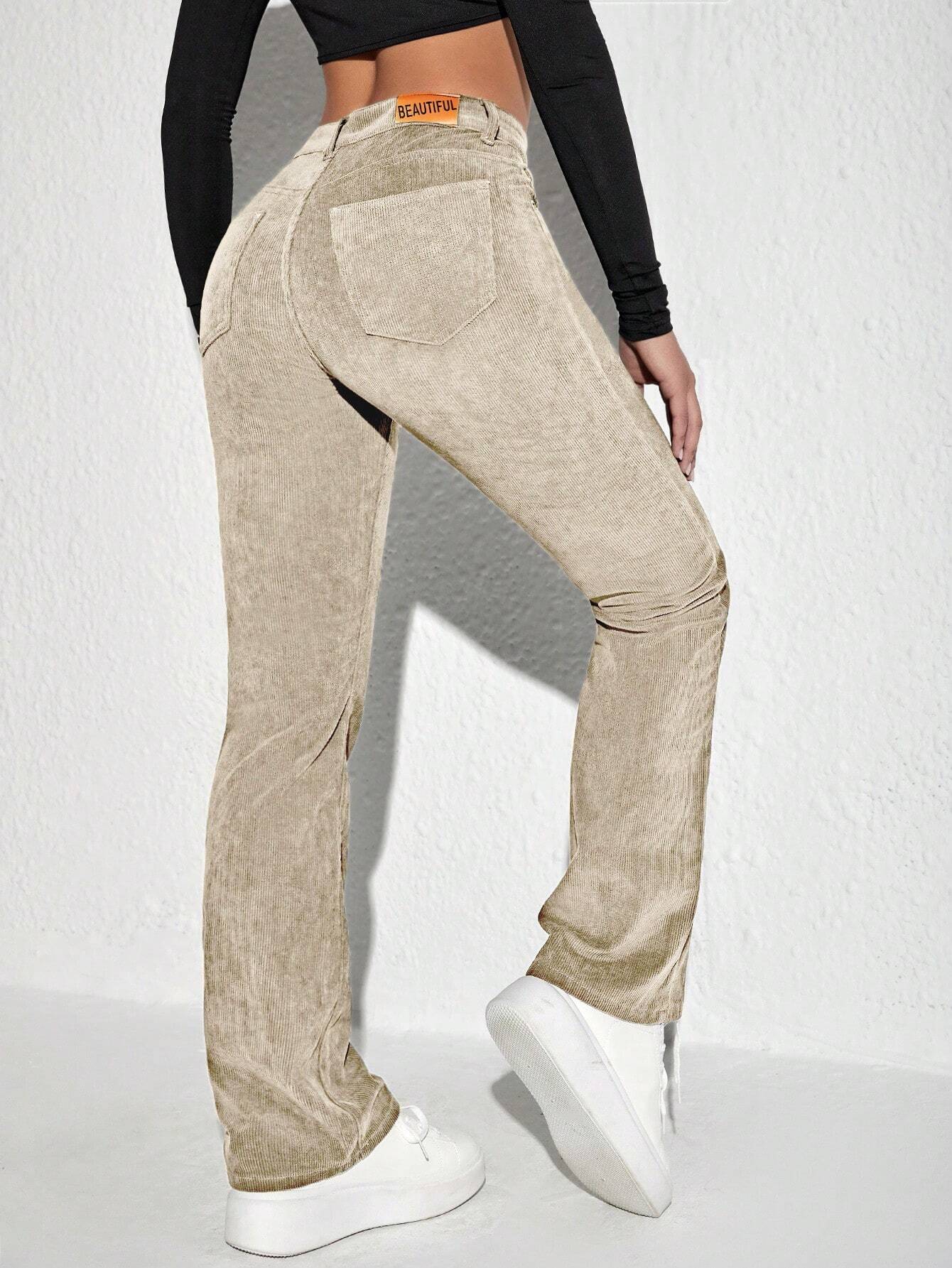 Letter Patched Flare Leg Corduroy Pants shein