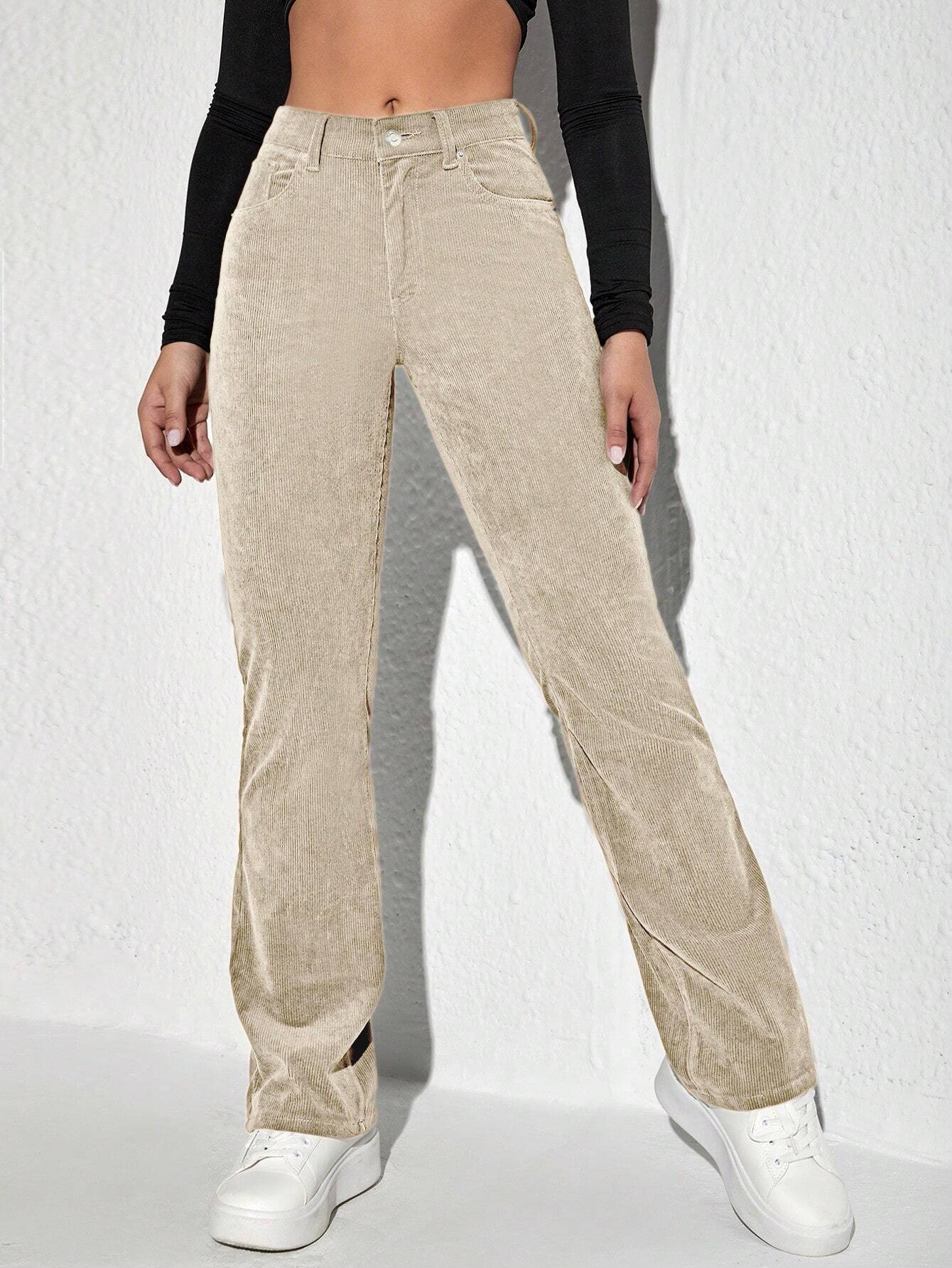 Letter Patched Flare Leg Corduroy Pants shein