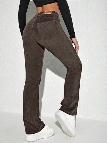 Letter Patched Flare Leg Corduroy Pants shein