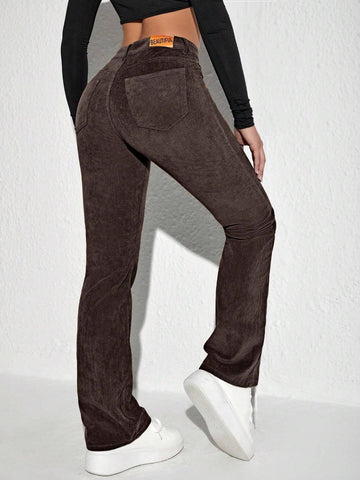 Letter Patched Flare Leg Corduroy Pants shein