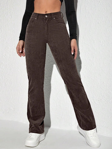 Letter Patched Flare Leg Corduroy Pants shein