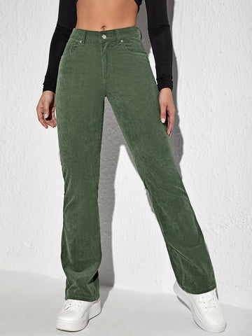 Letter Patched Flare Leg Corduroy Pants shein