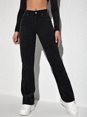 Letter Patched Flare Leg Corduroy Pants shein