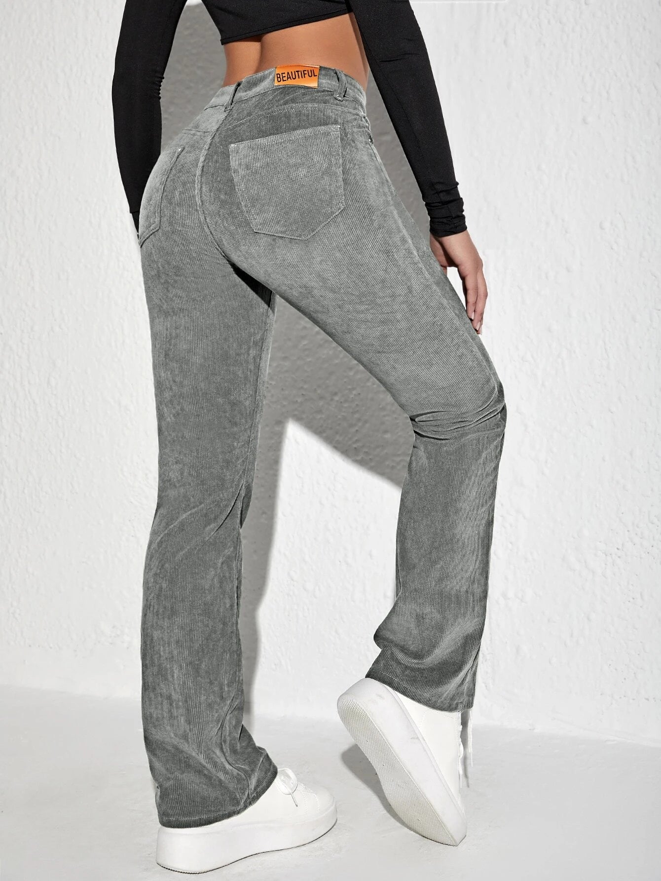 Letter Patched Flare Leg Corduroy Pants shein