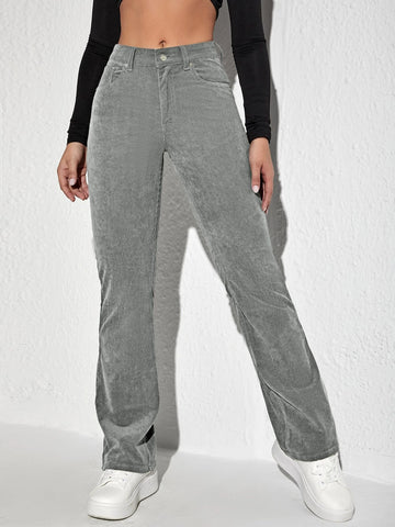 Letter Patched Flare Leg Corduroy Pants shein