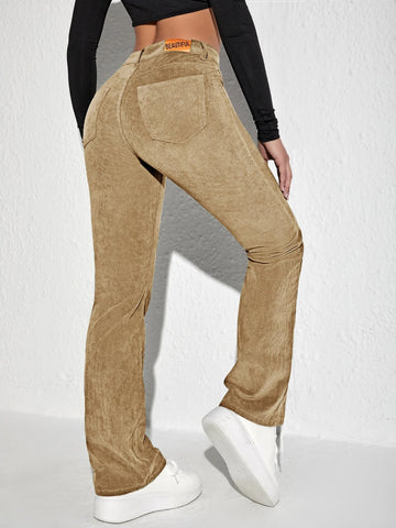 Letter Patched Flare Leg Corduroy Pants shein