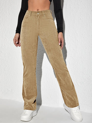 Letter Patched Flare Leg Corduroy Pants shein