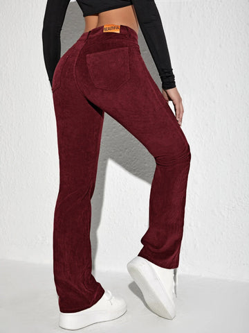 Letter Patched Flare Leg Corduroy Pants shein