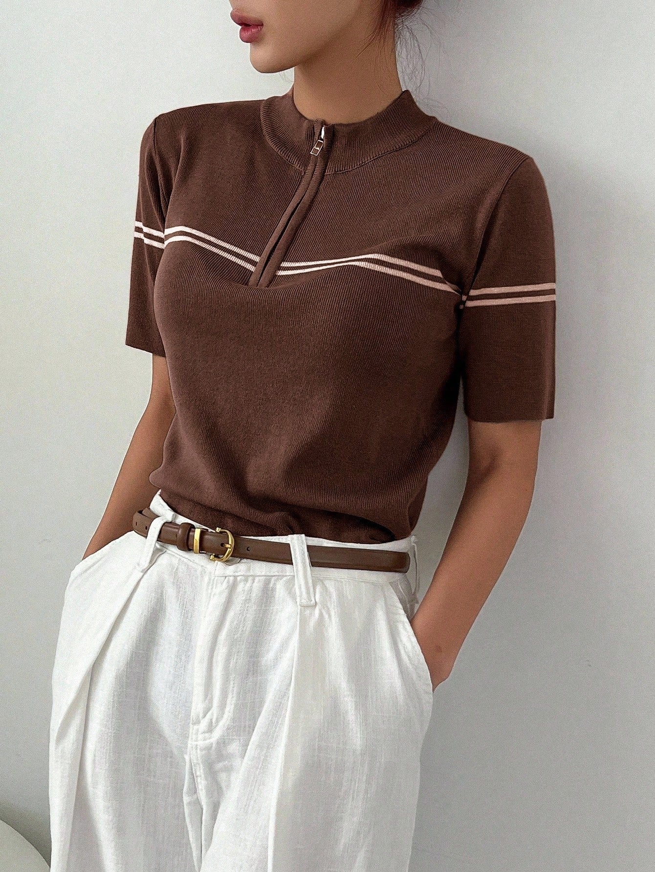 Casual Stand Collar Half-Placket Short Sleeve Pullover Knitwear Top shein