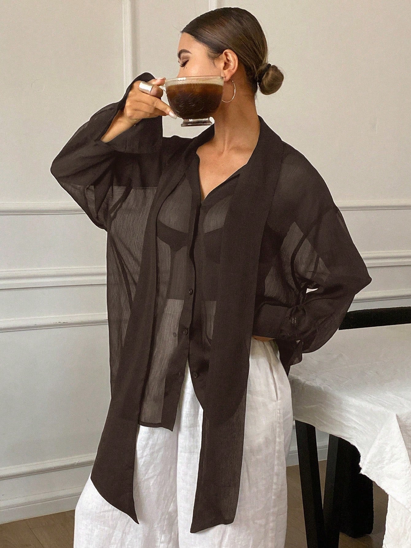 Women's Loose Tie Neck Long Sleeve Thin Casual Summer Blouse shein