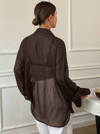 Women's Loose Tie Neck Long Sleeve Thin Casual Summer Blouse shein