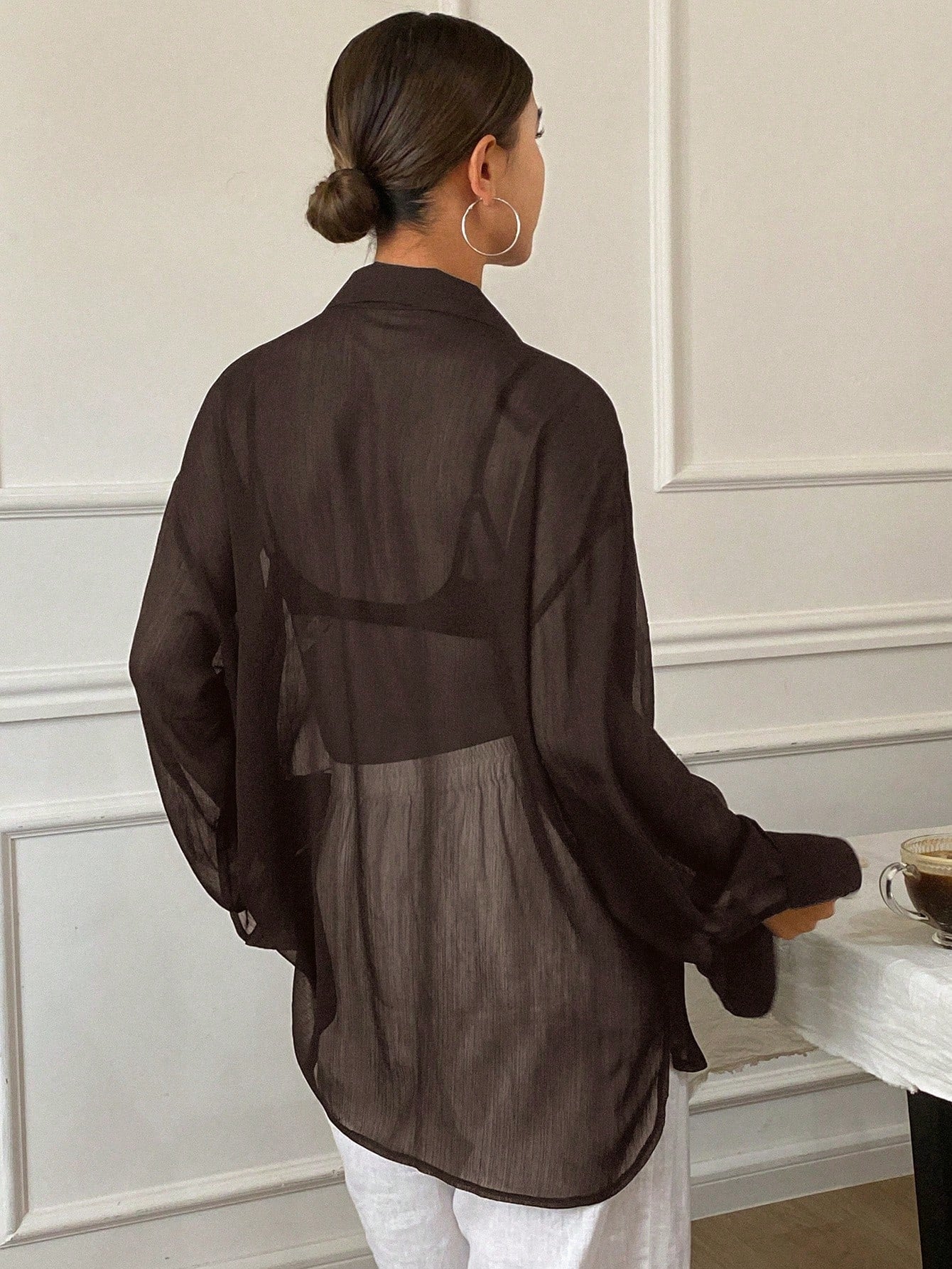 Women's Loose Tie Neck Long Sleeve Thin Casual Summer Blouse shein