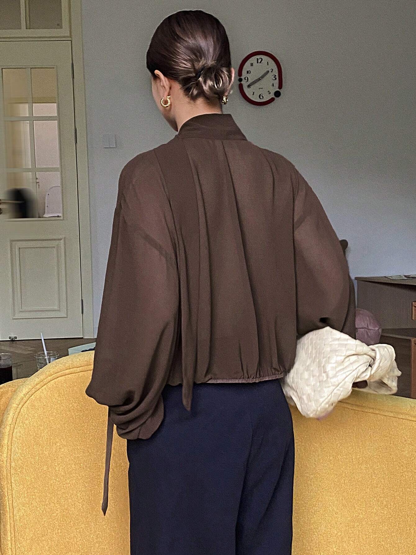 Women Loose Solid Color Long Sleeve Tie Shirt Blouse shein