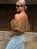 Strapless Off Shoulder Elegent Shirred Cropped Summer Top shein