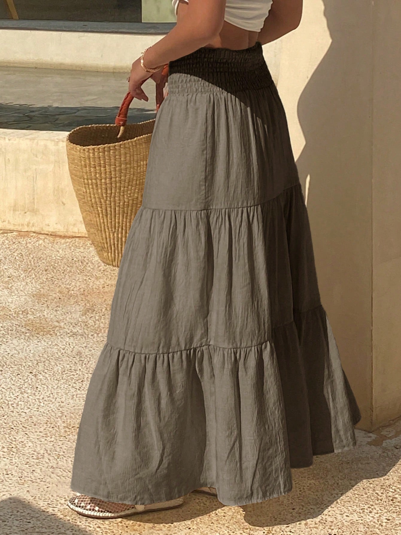 DAZY Women's Lightweight Summer Vacation Solid Color Textured Ruffle Hem Skirt