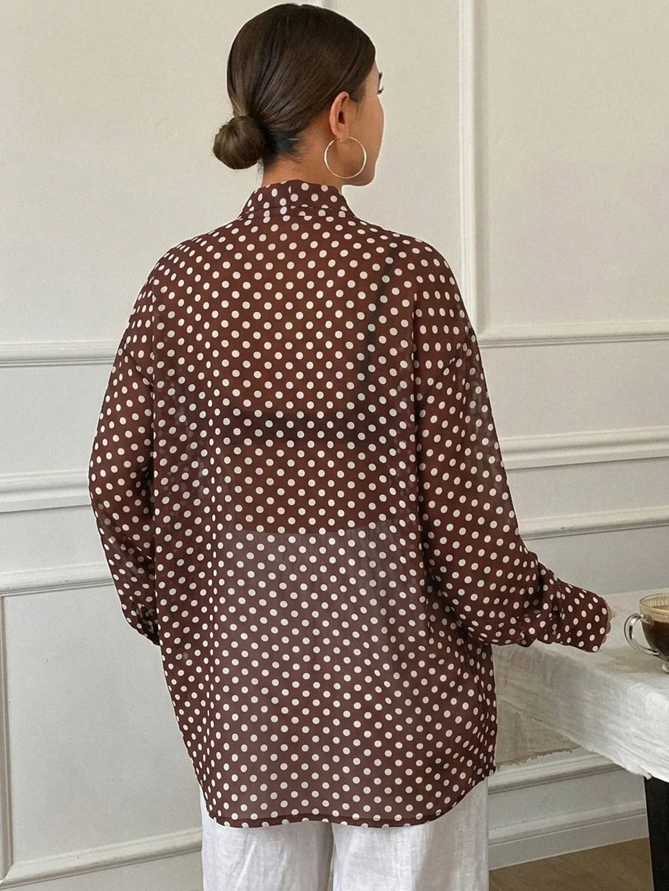 Women's Loose Tie Neck Long Sleeve Thin Casual Summer Blouse shein