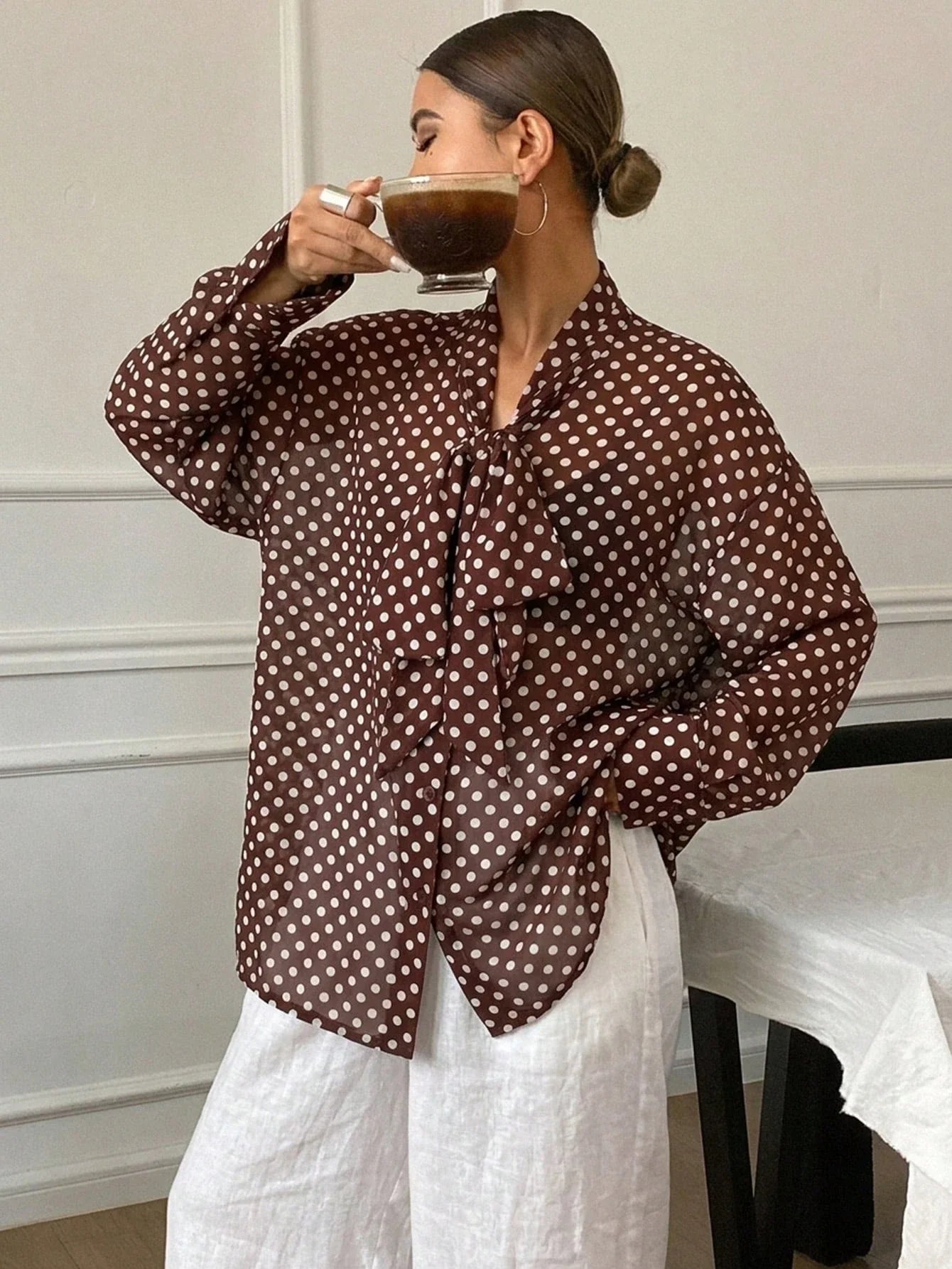 Women's Loose Tie Neck Long Sleeve Thin Casual Summer Blouse shein