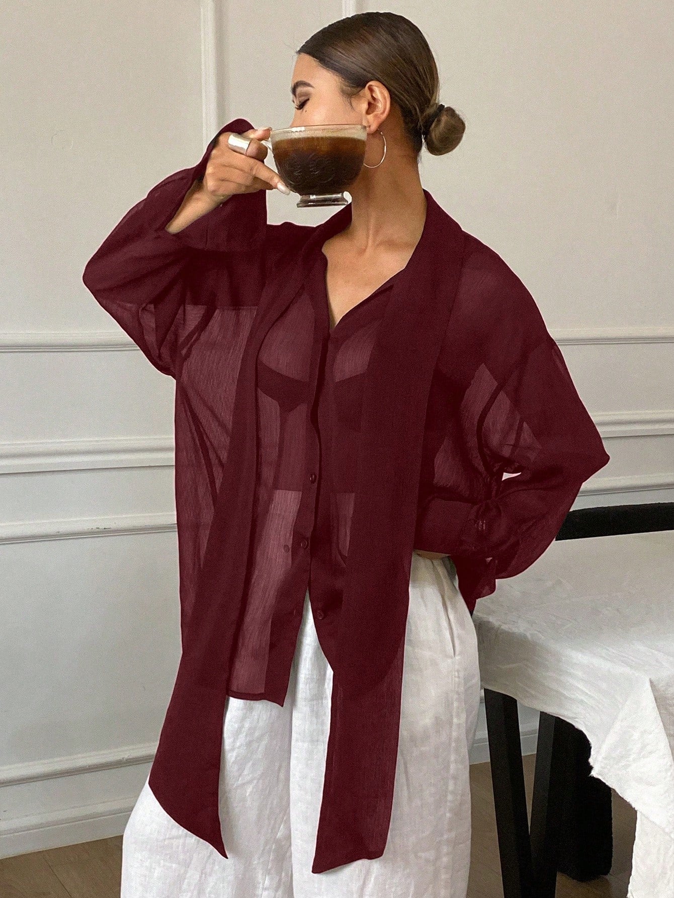 Women's Loose Tie Neck Long Sleeve Thin Casual Summer Blouse shein