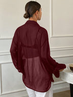 Women's Loose Tie Neck Long Sleeve Thin Casual Summer Blouse shein