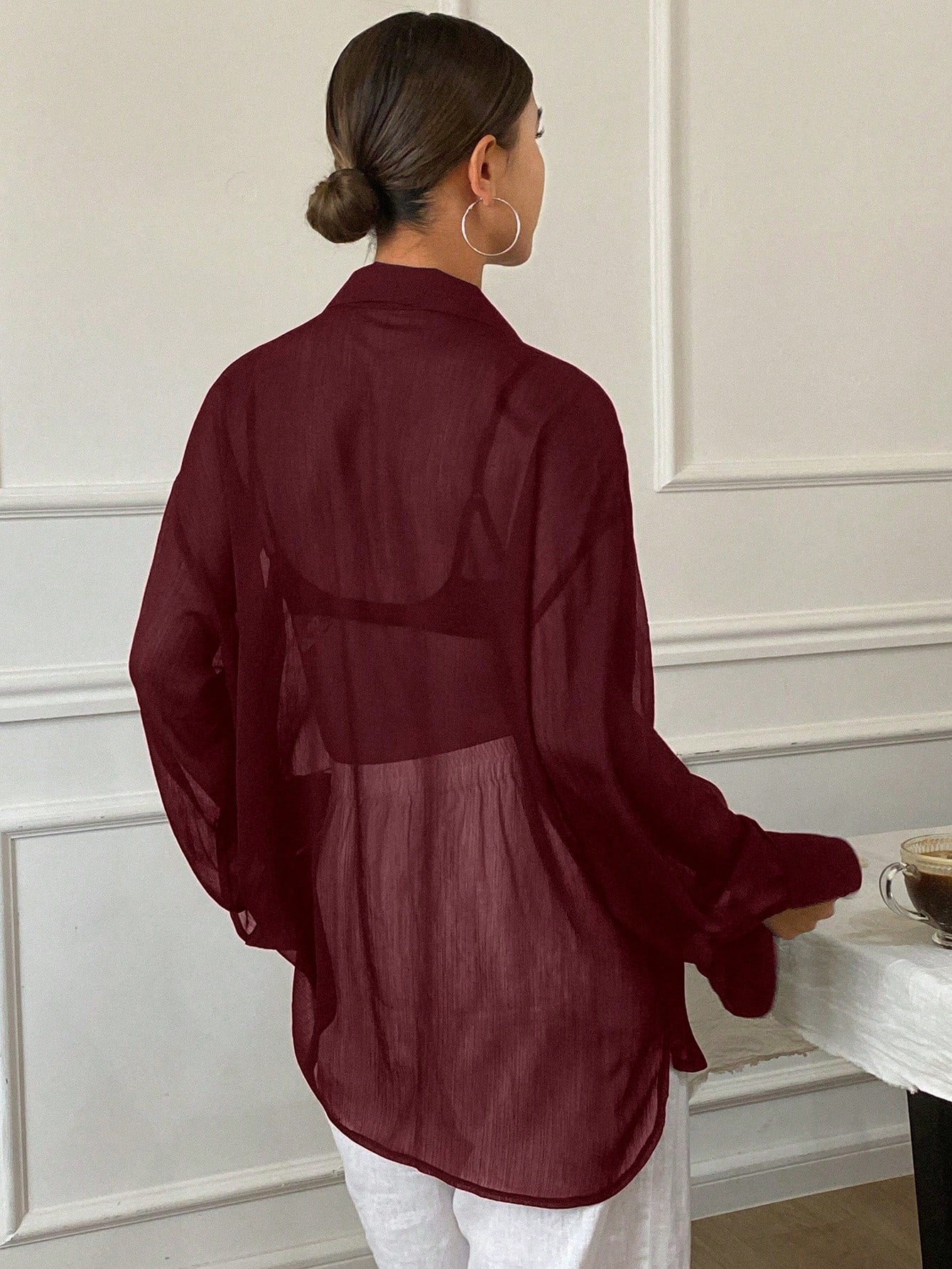 Women's Loose Tie Neck Long Sleeve Thin Casual Summer Blouse shein