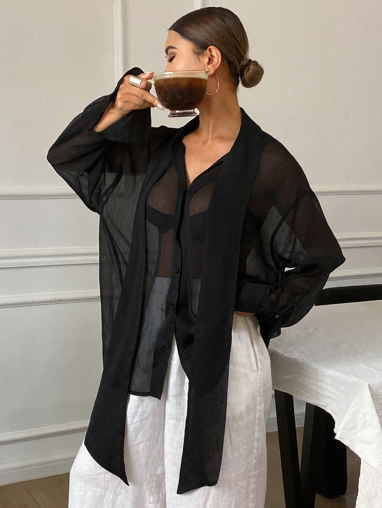 Women's Loose Tie Neck Long Sleeve Thin Casual Summer Blouse shein