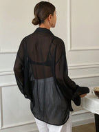 Women's Loose Tie Neck Long Sleeve Thin Casual Summer Blouse shein