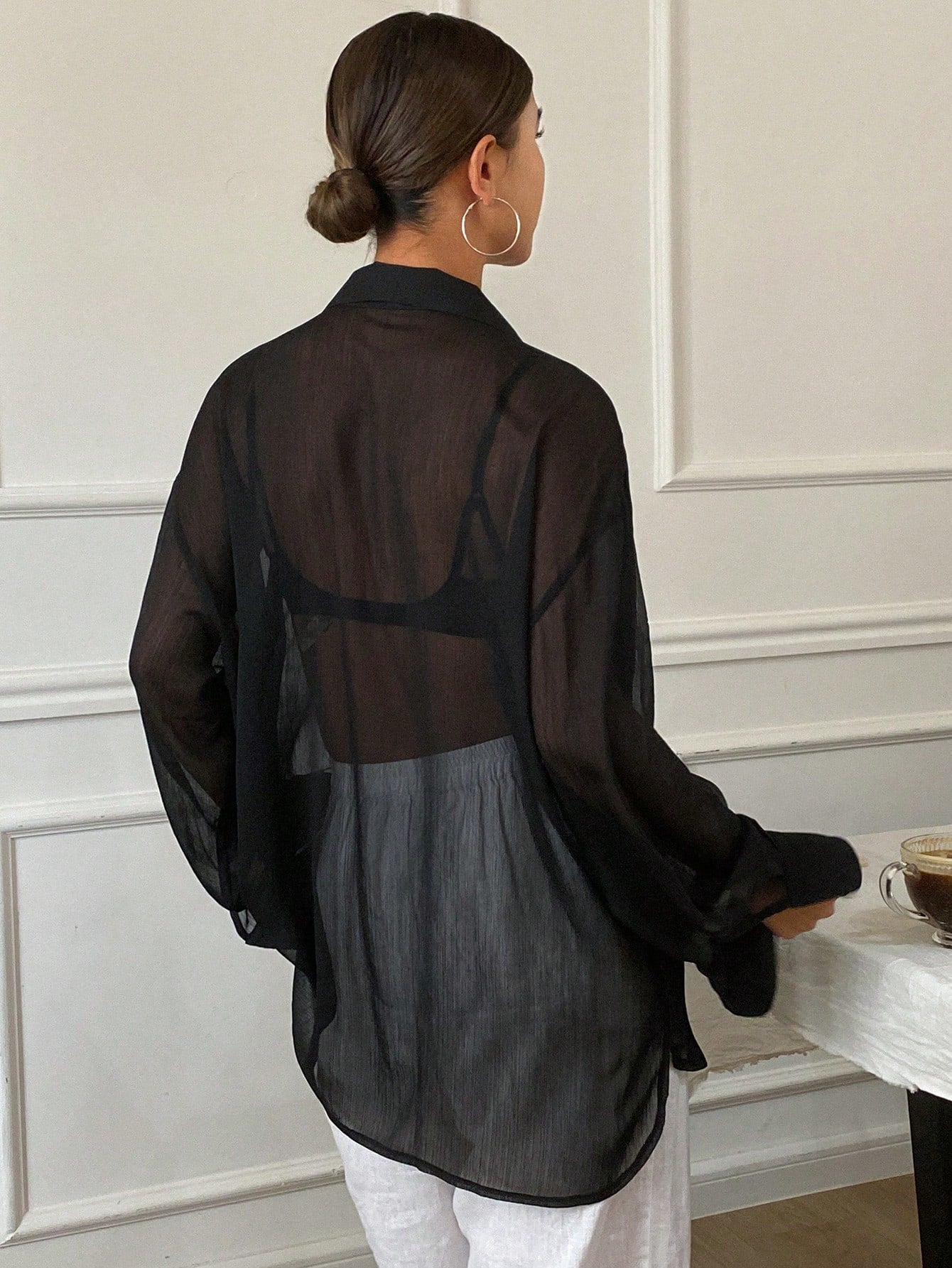 Women's Loose Tie Neck Long Sleeve Thin Casual Summer Blouse shein