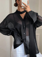 Women's Loose Tie Neck Long Sleeve Thin Casual Summer Blouse shein