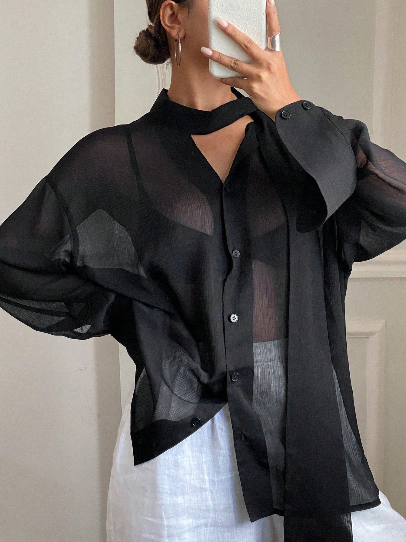 Women's Loose Tie Neck Long Sleeve Thin Casual Summer Blouse shein