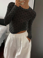 Women's Polka Dot Slim Fit Casual Round Neck Long Sleeve Top shein