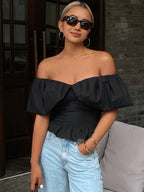 Strapless Off Shoulder Elegent Shirred Cropped Summer Top shein