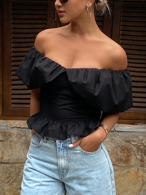 Strapless Off Shoulder Elegent Shirred Cropped Summer Top shein