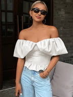 Strapless Off Shoulder Elegent Shirred Cropped Summer Top shein