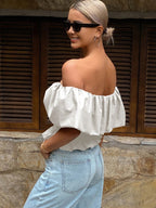 Strapless Off Shoulder Elegent Shirred Cropped Summer Top shein